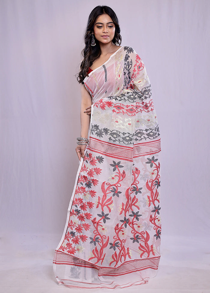 White Tant Jamdani Saree Without Blouse Piece