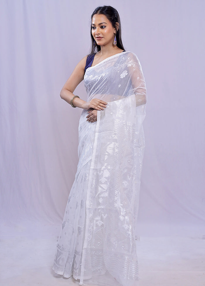 White Tant Jamdani  Saree Without Blouse Piece