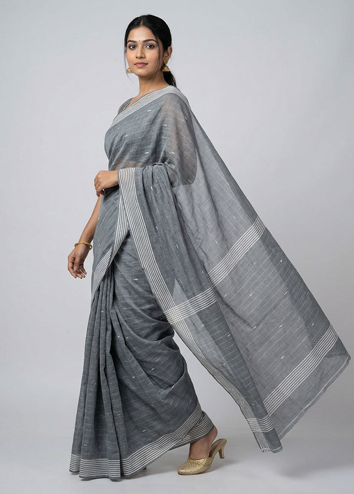 Grey Khadi Cotton Saree With Blouse Piece