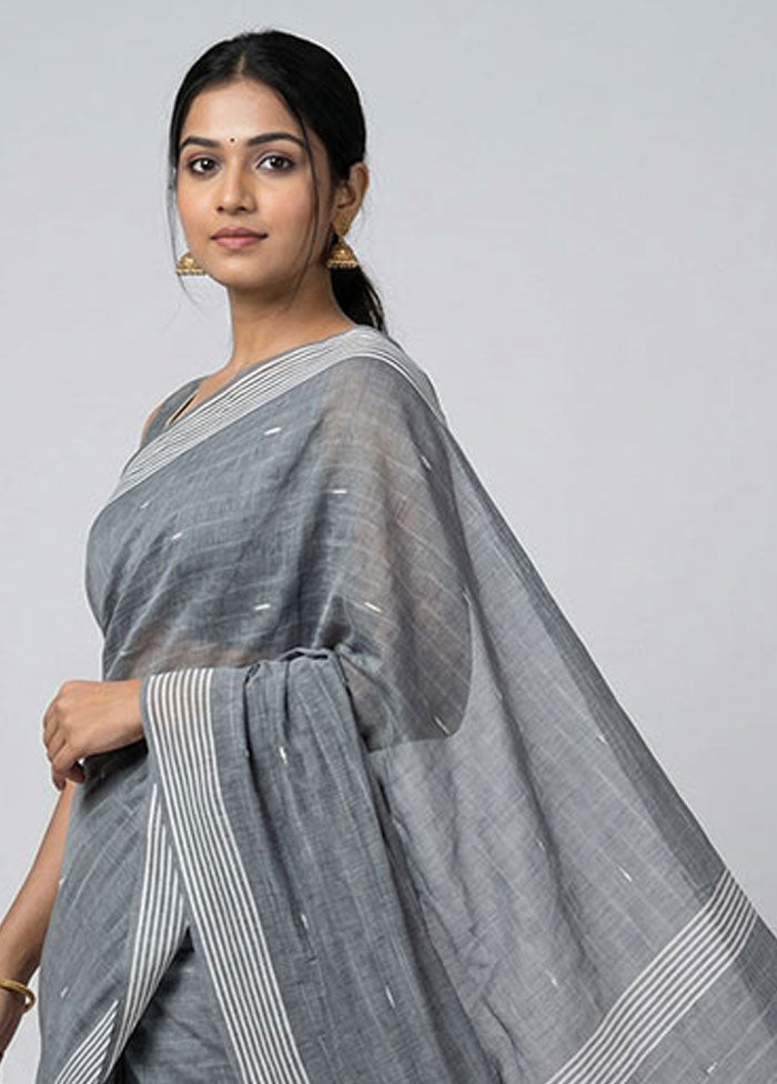 Grey Khadi Cotton Saree With Blouse Piece