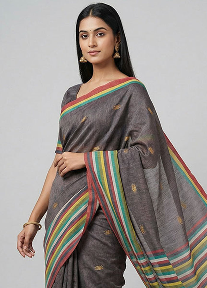 Brown Khadi Cotton Saree With Blouse Piece