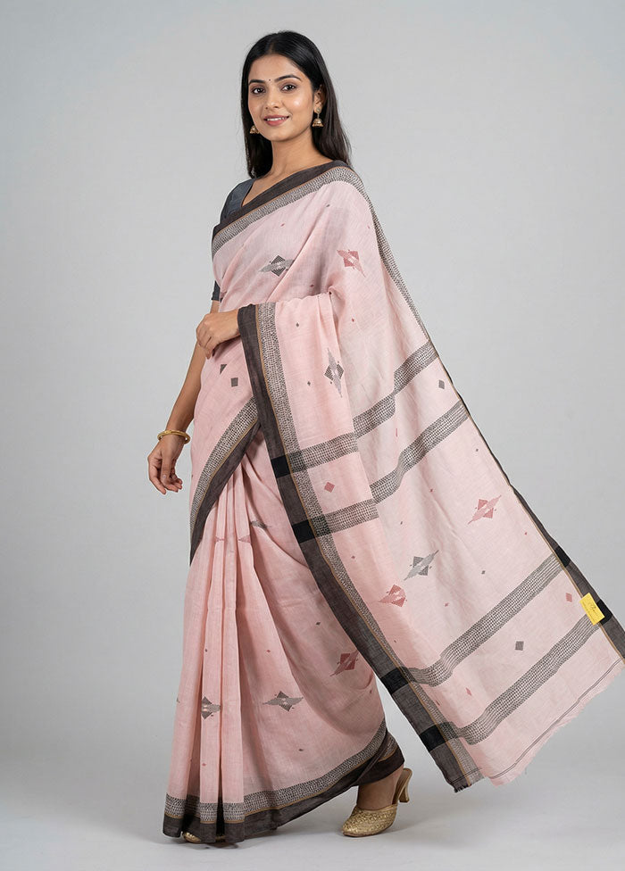 Peach Khadi Cotton Saree With Blouse Piece