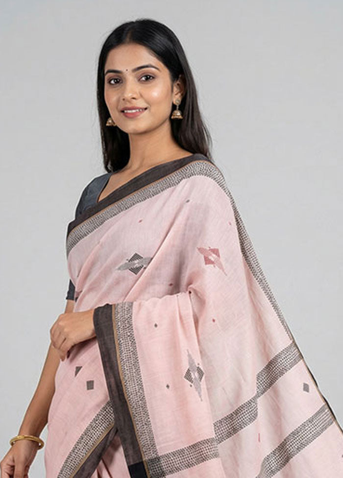 Peach Khadi Cotton Saree With Blouse Piece