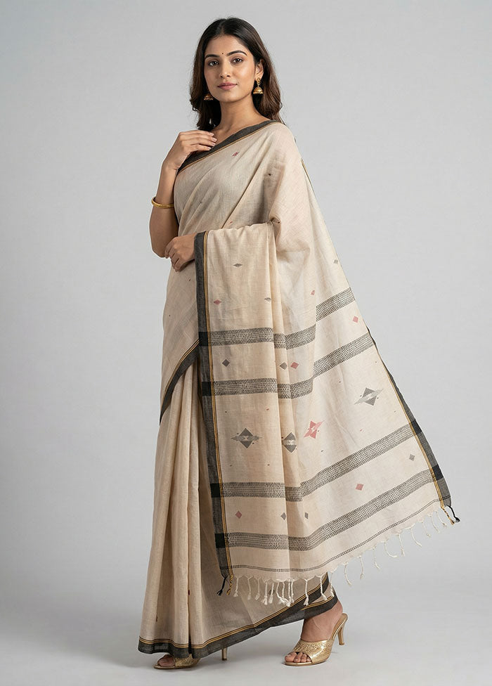 White Khadi Cotton Saree With Blouse Piece