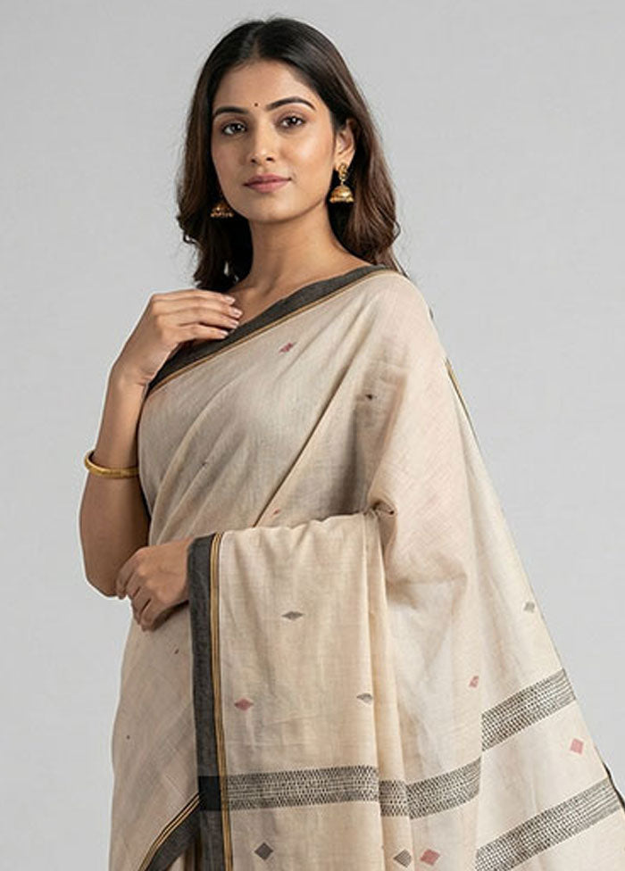 White Khadi Cotton Saree With Blouse Piece