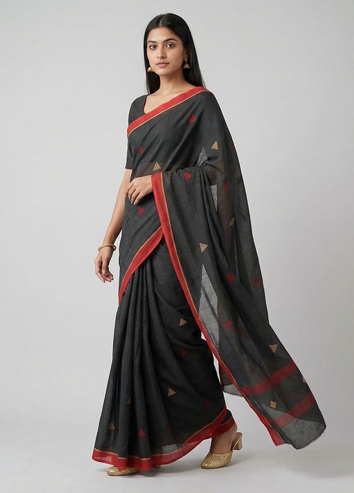 Black Khadi Cotton Saree With Blouse Piece