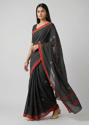 Black Khadi Cotton Saree With Blouse Piece