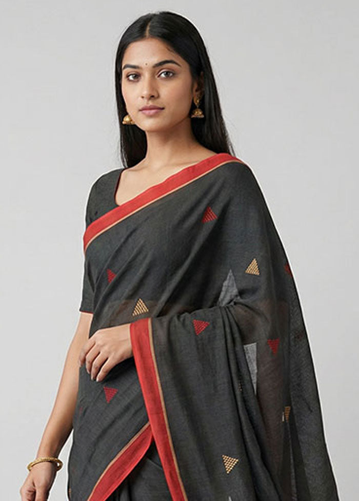 Black Khadi Cotton Saree With Blouse Piece
