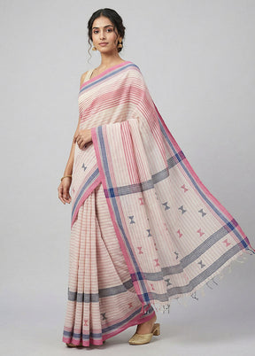 White Khadi Cotton Saree With Blouse Piece