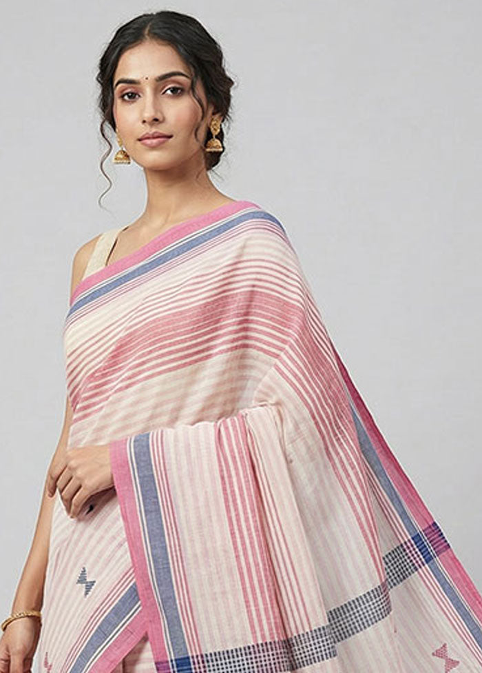 White Khadi Cotton Saree With Blouse Piece