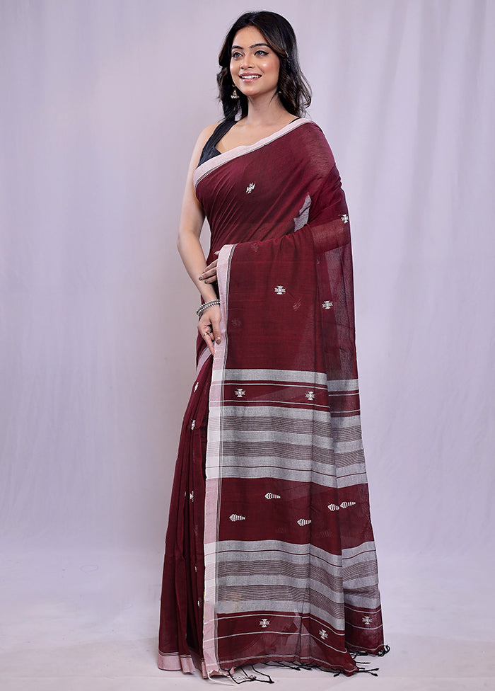 Maroon Cotton Saree With Blouse Piece
