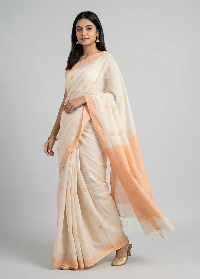Cream Khadi Cotton Saree With Blouse Piece