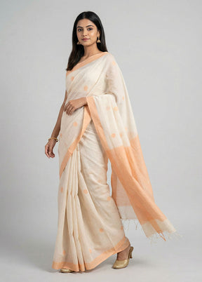 Cream Khadi Cotton Saree With Blouse Piece