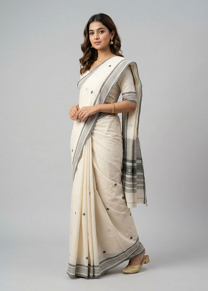 Cream Khadi Cotton Saree With Blouse Piece