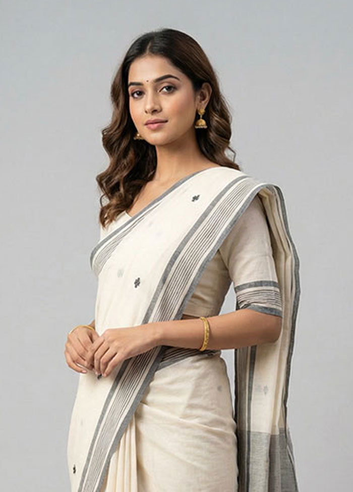 Cream Khadi Cotton Saree With Blouse Piece
