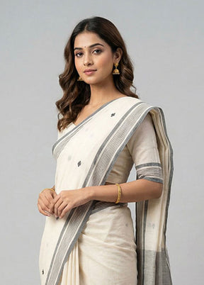 Cream Khadi Cotton Saree With Blouse Piece