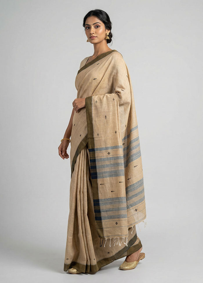 Cream Khadi Cotton Saree With Blouse Piece