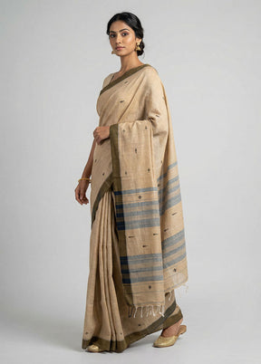 Cream Khadi Cotton Saree With Blouse Piece
