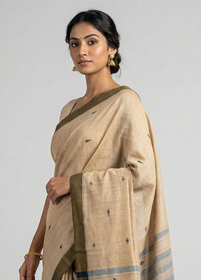 Cream Khadi Cotton Saree With Blouse Piece