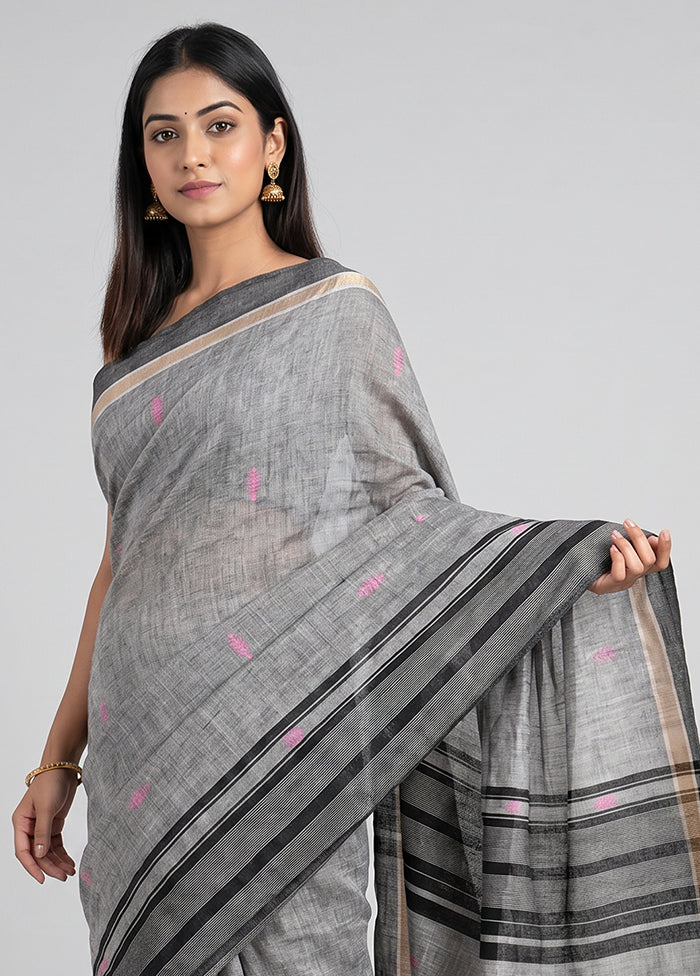 Grey Khadi Cotton Saree With Blouse Piece