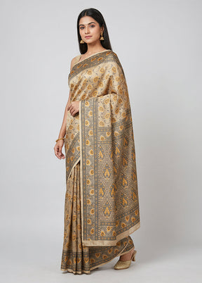 Cream Jamewar Silk Saree With Blouse Piece