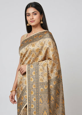 Cream Jamewar Silk Saree With Blouse Piece