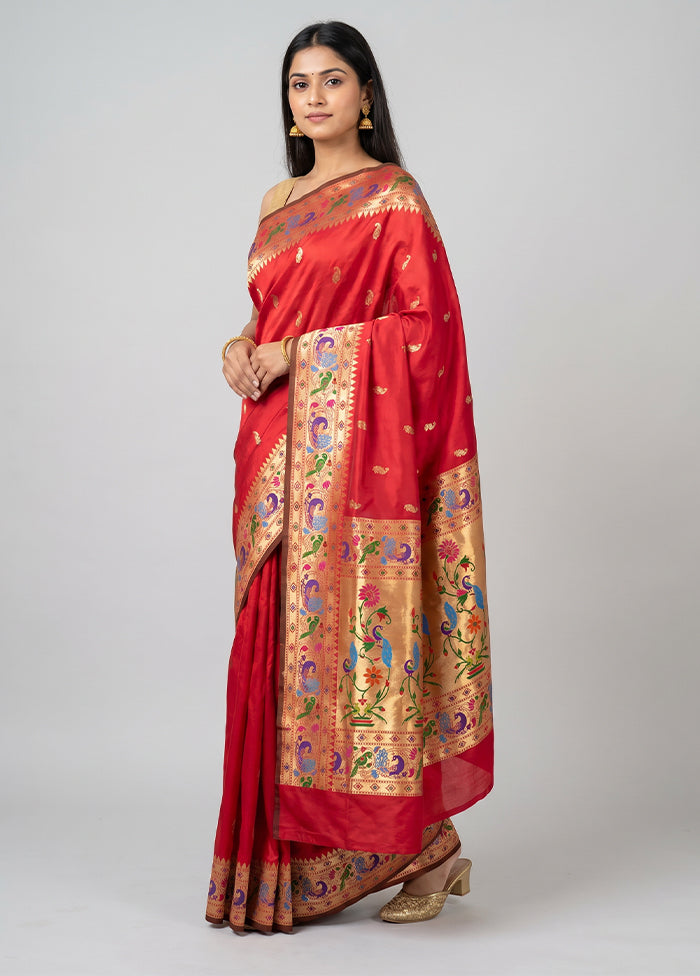 Red Handloom Katan Pure Silk Saree With Blouse Piece