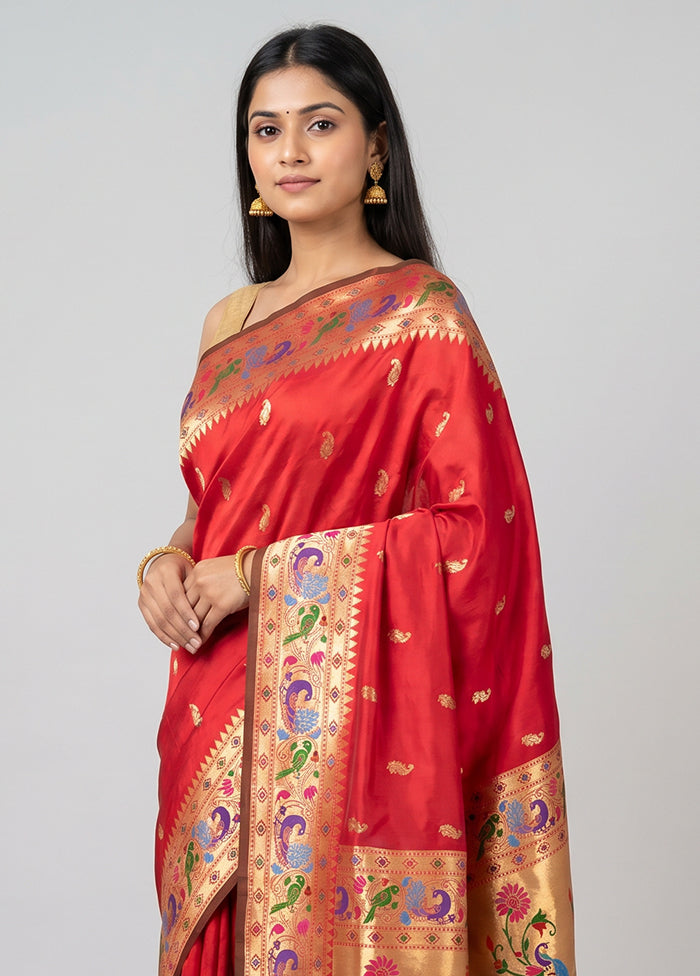 Red Handloom Katan Pure Silk Saree With Blouse Piece