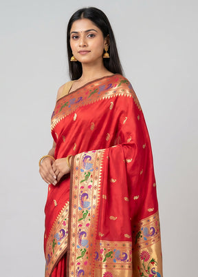 Red Handloom Katan Pure Silk Saree With Blouse Piece