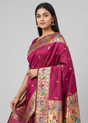 Maroon Handloom Katan Pure Silk Saree With Blouse Piece