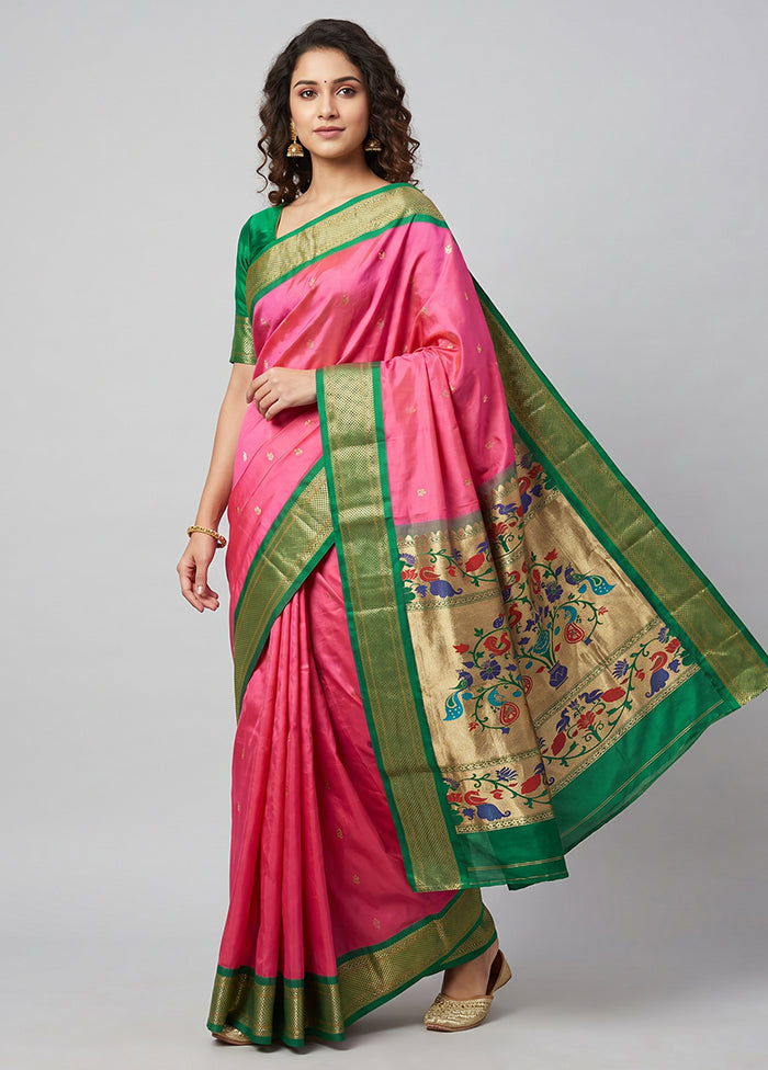 Pink Handloom Kanjivaram Pure Silk Saree With Blouse Piece