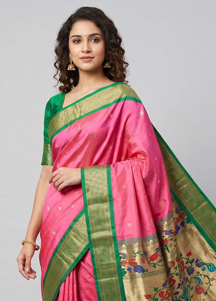 Pink Handloom Kanjivaram Pure Silk Saree With Blouse Piece