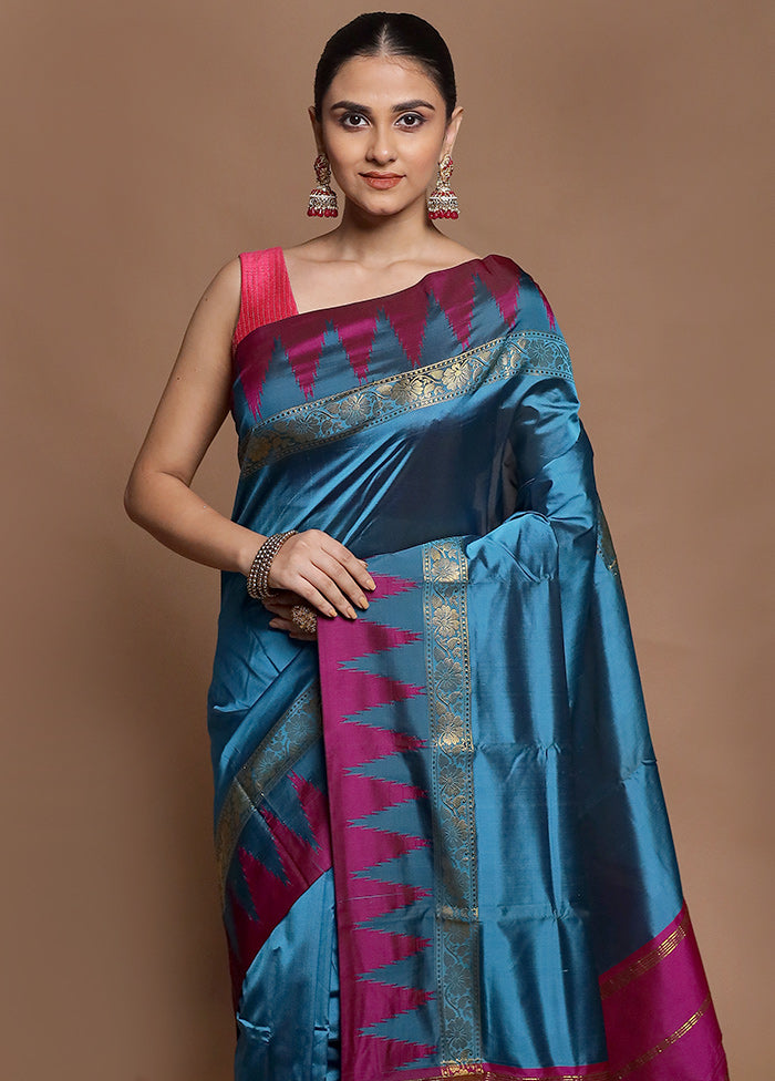Blue Kanjivaram Silk Saree With Blouse Piece