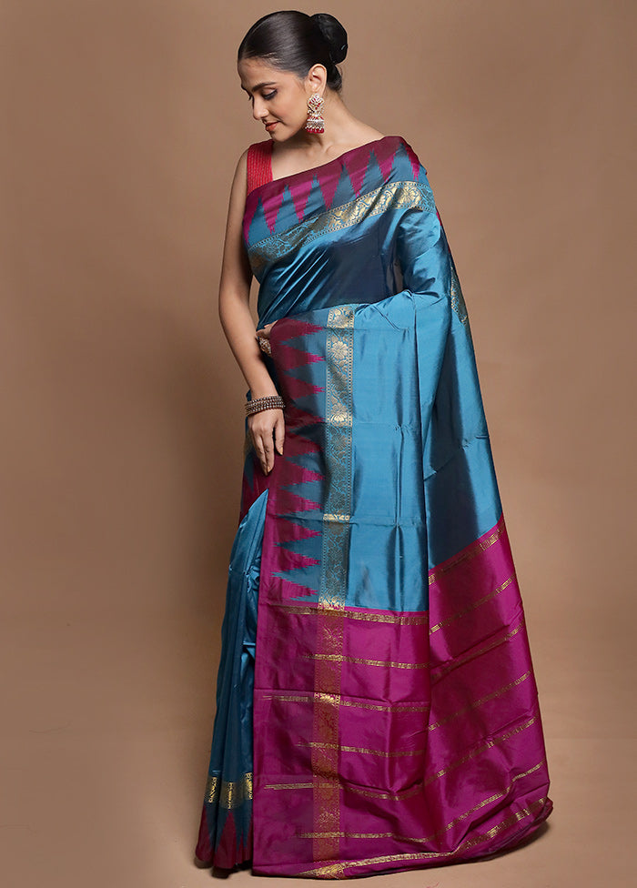 Blue Kanjivaram Silk Saree With Blouse Piece