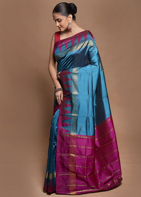 Blue Kanjivaram Silk Saree With Blouse Piece