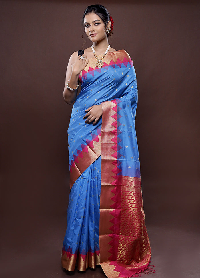 Blue Kanjivaram Silk Saree With Blouse Piece