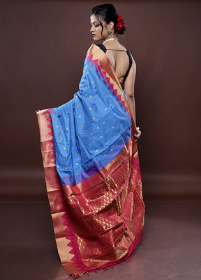Blue Kanjivaram Silk Saree With Blouse Piece