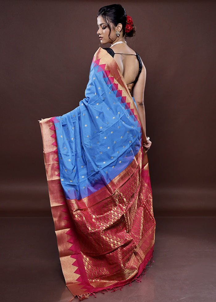 Blue Kanjivaram Silk Saree With Blouse Piece