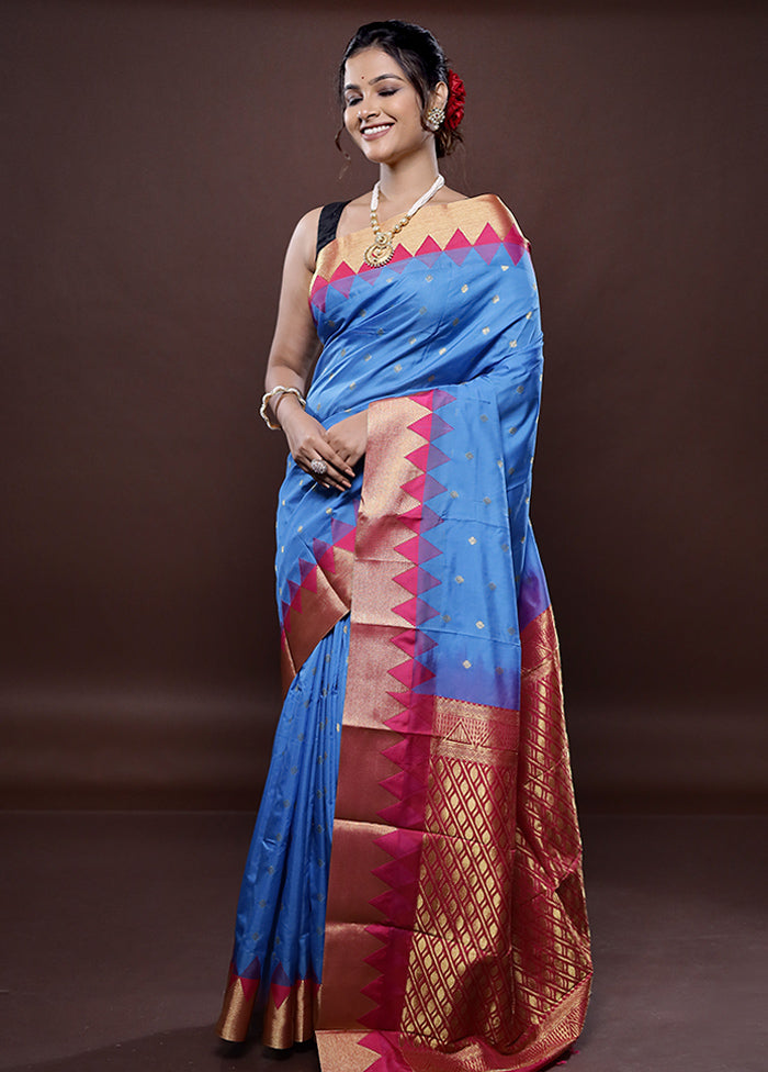 Blue Kanjivaram Silk Saree With Blouse Piece