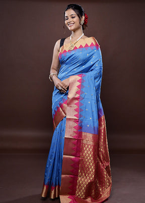 Blue Kanjivaram Silk Saree With Blouse Piece