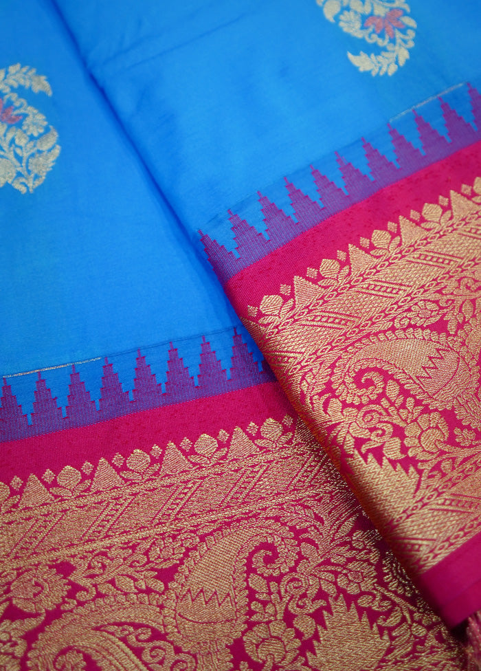 Blue Kanjivaram Silk Saree With Blouse Piece