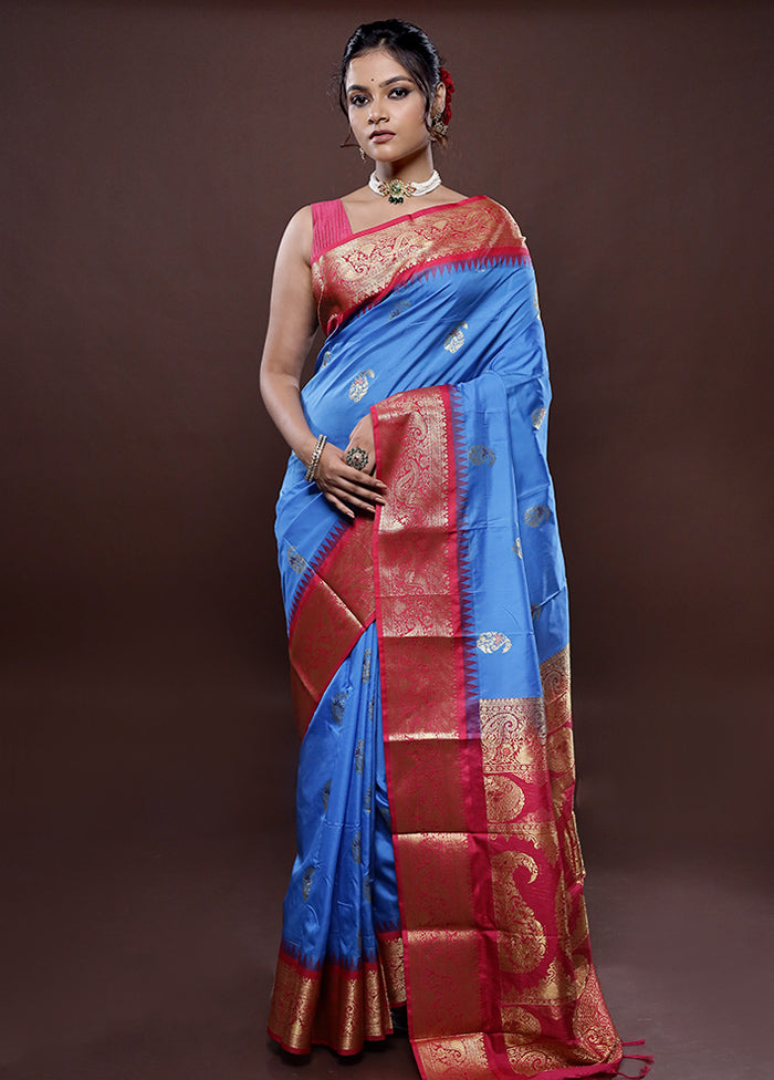 Blue Kanjivaram Silk Saree With Blouse Piece