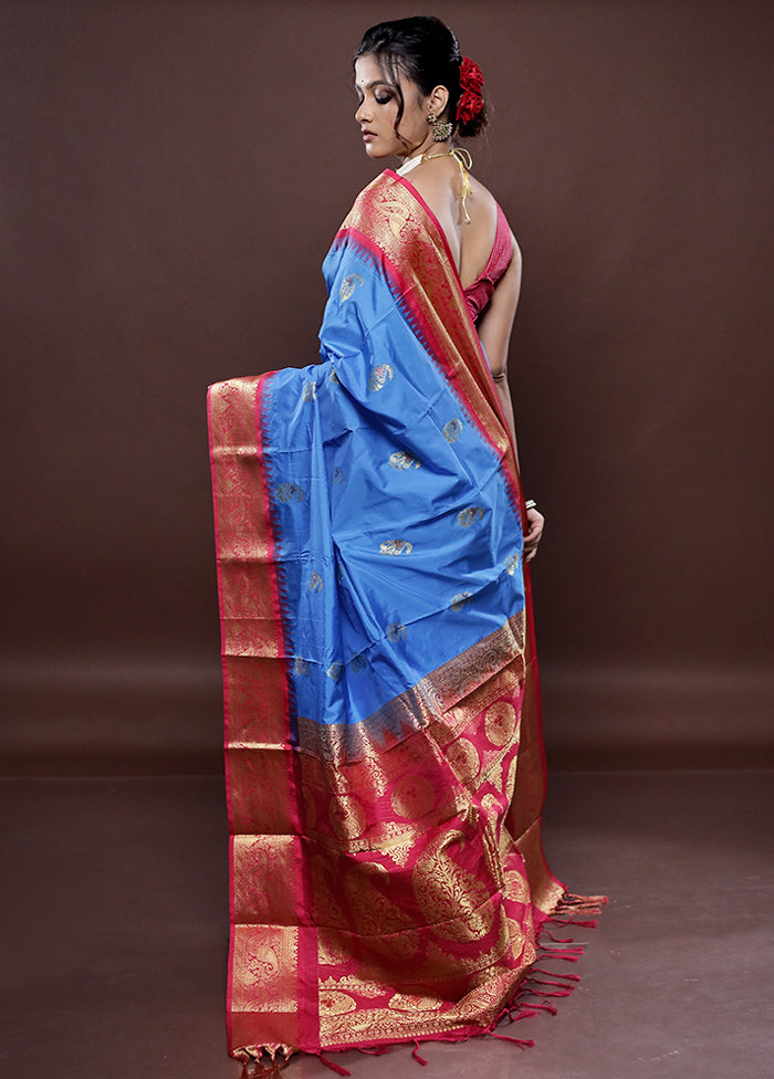 Blue Kanjivaram Silk Saree With Blouse Piece