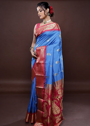 Blue Kanjivaram Silk Saree With Blouse Piece