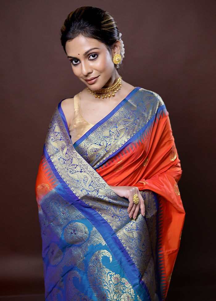 Orange Kanjivaram Silk Saree With Blouse Piece