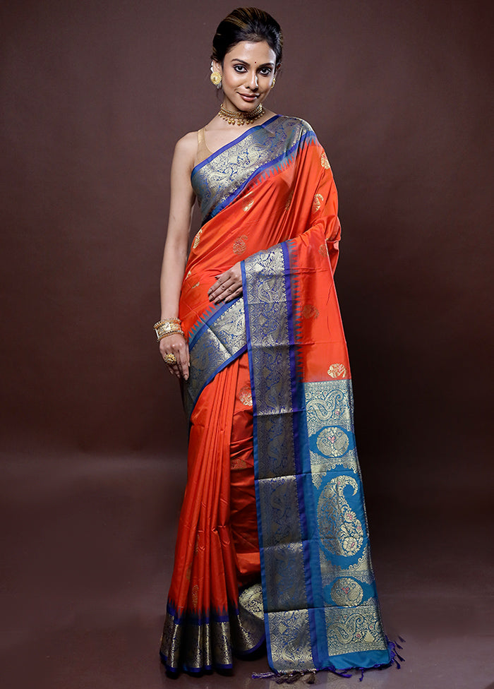Orange Kanjivaram Silk Saree With Blouse Piece