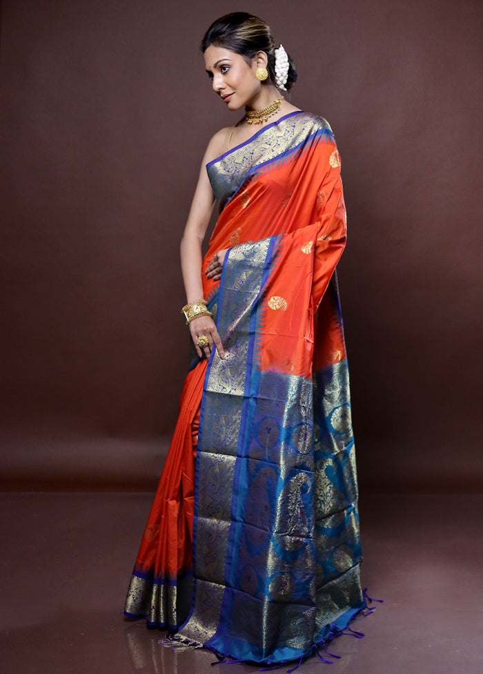 Orange Kanjivaram Silk Saree With Blouse Piece