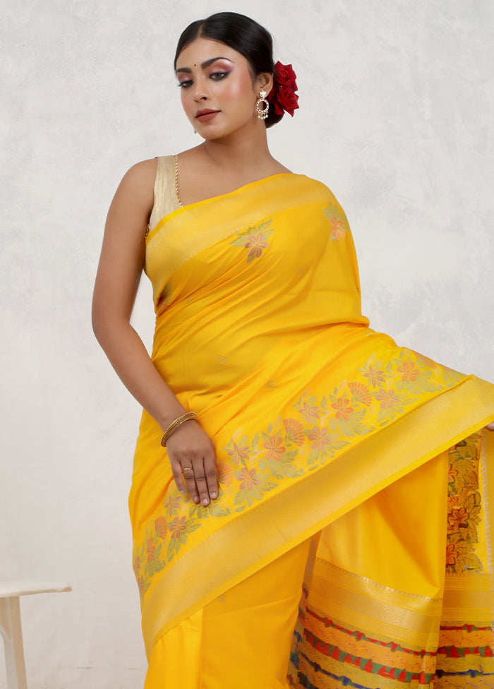 Yellow Dupion Silk Saree With Blouse Piece