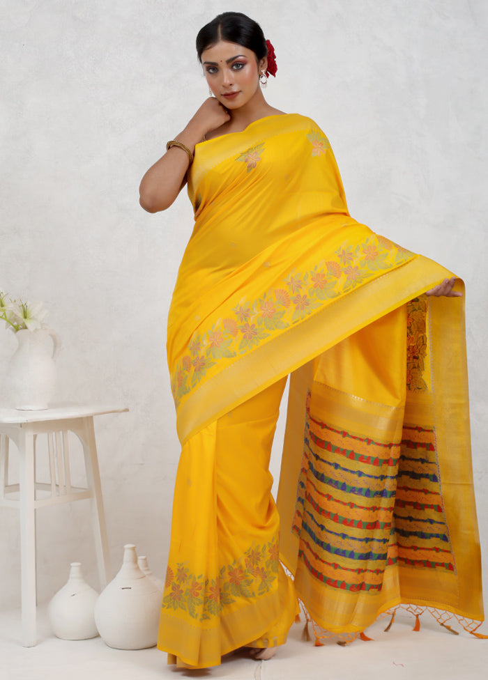 Yellow Dupion Silk Saree With Blouse Piece