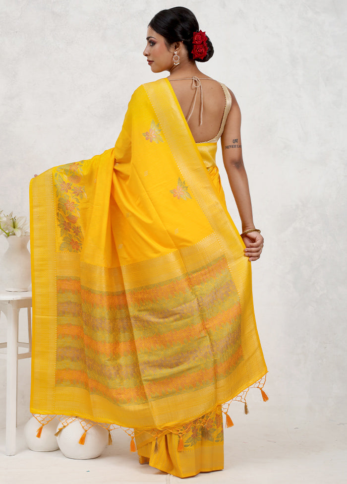 Yellow Dupion Silk Saree With Blouse Piece
